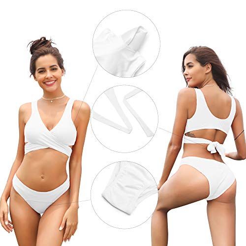 SHEKINI Biquini único para Mujer Conjunto de Baño Dividido Monocromo con Bikini Cruzado Bikini Top y Elástico Briefs Set para Tomar el Sol (S, Blanco)