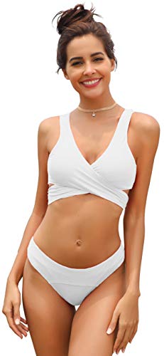 SHEKINI Biquini único para Mujer Conjunto de Baño Dividido Monocromo con Bikini Cruzado Bikini Top y Elástico Briefs Set para Tomar el Sol (S, Blanco)