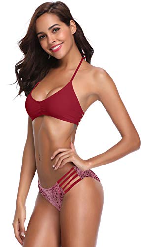 SHEKINI Conjunto de Bikini Sexy para Mujer Extraíble Traje de Baño Pushup Bikini Top Estampado de Impresión Bikini Bikini de Dos Piezas Traje de Baño (M, Vino-3)