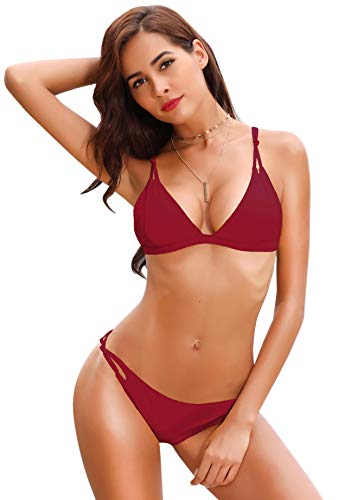 SHEKINI Conjunto de Bikini Sexy para Mujer Sujetador Triángulo Ajustable Tops y Briefs Traje de Baño Real Swimwear (XL, Vino)
