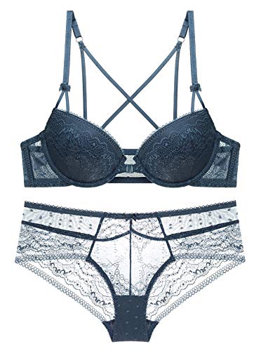 SHEKINI Conjunto de Lencería Sujetador Cierre Delantero con Aros Push up Ropa Interior Mujer Sexy Conjuntos(Azul Real,34C)