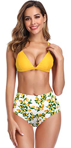 SHEKINI Copa Dividida en triángulo para Mujer Bikini Ajustable Cintura Alta Impreso Briefs Flores Hojas Traje de baño (L, Amarillo)