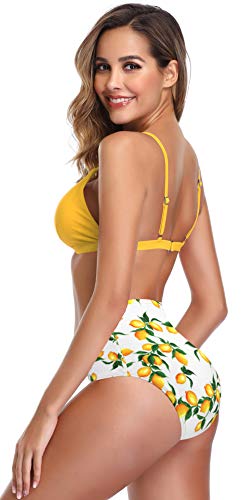 SHEKINI Copa Dividida en triángulo para Mujer Bikini Ajustable Cintura Alta Impreso Briefs Flores Hojas Traje de baño (L, Amarillo)