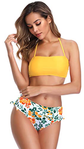 SHEKINI Dividido en la Parte Superior del Tubo de la Mujer Bikini con Cuello Alto Calzoncillos de Cintura Alta Impreso Hojas de Flores Traje de baño Bow Set (M, Amarillo)