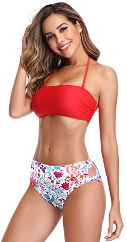 SHEKINI Dividido en la Parte Superior del Tubo de la Mujer Bikini con Cuello Alto Calzoncillos de Cintura Alta Impreso Hojas de Flores Traje de baño Bow Set (XL, Impresión roja)