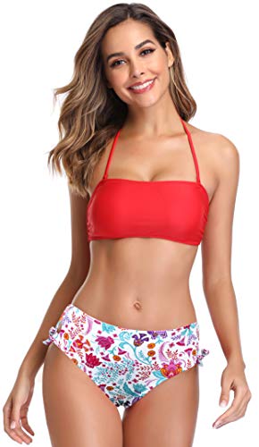 SHEKINI Dividido en la Parte Superior del Tubo de la Mujer Bikini con Cuello Alto Calzoncillos de Cintura Alta Impreso Hojas de Flores Traje de baño Bow Set (XL, Impresión roja)