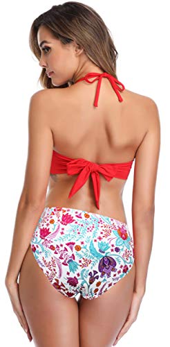 SHEKINI Dividido en la Parte Superior del Tubo de la Mujer Bikini con Cuello Alto Calzoncillos de Cintura Alta Impreso Hojas de Flores Traje de baño Bow Set (M, Amarillo)