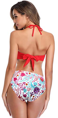 SHEKINI Dividido en la Parte Superior del Tubo de la Mujer Bikini con Cuello Alto Calzoncillos de Cintura Alta Impreso Hojas de Flores Traje de baño Bow Set (XL, Impresión roja)