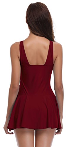 SHEKINI Mujer Bañador con Falda Traje de baño Cuello V Relleno Una Pieza Monokini con Shorts de Seguridad (Small, Vino)