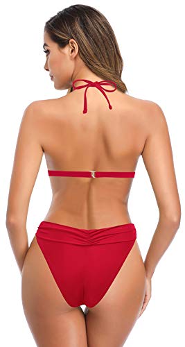 SHEKINI Mujer Bañador de Dos Piezas Elegante Halter Ajustable Pliegues Clásico Triángulo Shirring Bikini Top Traje de Baño Dos Piezas Cintura Baja Bikini Bottoms (Rojo Cereza, S)