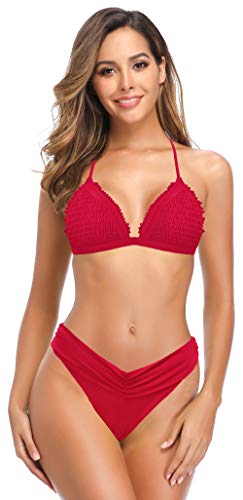 SHEKINI Mujer Bañador de Dos Piezas Elegante Halter Ajustable Pliegues Clásico Triángulo Shirring Bikini Top Traje de Baño Dos Piezas Cintura Baja Bikini Bottoms (Rojo Cereza, S)