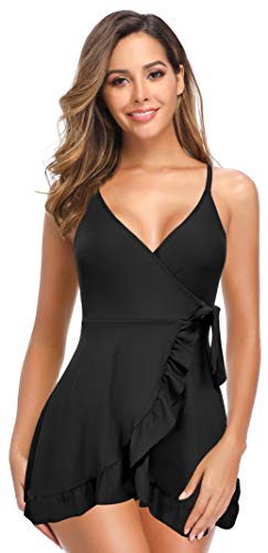 SHEKINI Mujer Bañador de una Pieza Cuello en V Cruzada Lace up Diseño Bikini Correa de Hombro Ajustable Halter Elegante Ruffle Ruched Falda De una Pieza Bikini Traje de Baño (Negro, M)