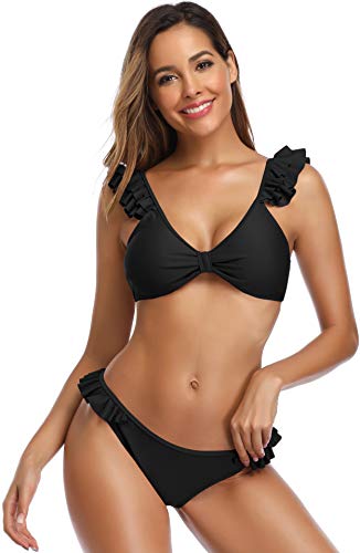 SHEKINI Mujer Bikini Dividido Traje de Baño Traje de Baño con Volantes Damas Traje de Baño Ropa de Playa (S, Negro-4)