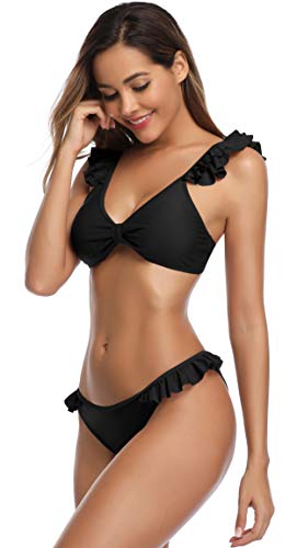 SHEKINI Mujer Bikini Dividido Traje de Baño Traje de Baño con Volantes Damas Traje de Baño Ropa de Playa (S, Negro-4)