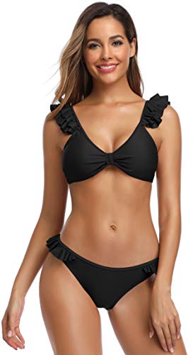 SHEKINI Mujer Bikini Dividido Traje de Baño Traje de Baño con Volantes Damas Traje de Baño Ropa de Playa (S, Negro-4)
