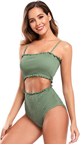 SHEKINI Mujer Bikini Sexy Traje de Baño Dividido Bandeau Camisa de Cintura Alta Traje de Baño Ropa de Playa (XL, Verde Oliva)