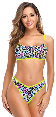 SHEKINI Mujer Conjunto De Bikini De Brasil Patrón Estampado Traje De Baño De Correa Fina Traje De Baño De Playa con Forma De V Parte Inferior De Cintura Baja Traje De Baño Traje