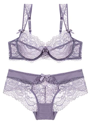 SHEKINI Mujer Conjunto de Lencería de Encaje Bowknot Transparente Sujetador y Bragas Ropa Interior Sexy(Morado,34B)