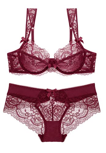 SHEKINI Mujer Conjunto de Lencería de Encaje Bowknot Transparente Sujetador y Bragas Ropa Interior Sexy(Vino Rojo,34B)