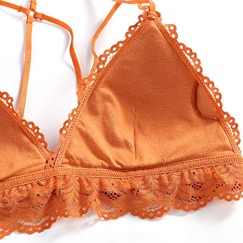 SHEKINI Mujer Conjunto de Lencería Sujetador Bralette de Triángulo de Encaje con Relleno Extraíble sin Aros y Correa de Hombro Ajustable（Amarillo Dorado,XS