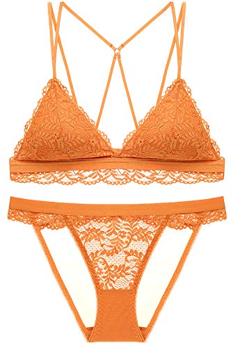 SHEKINI Mujer Conjunto de Lencería Sujetador Bralette de Triángulo de Encaje con Relleno Extraíble sin Aros y Correa de Hombro Ajustable（Amarillo Dorado,XS