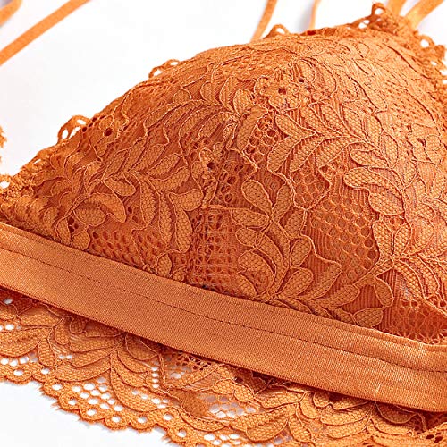 SHEKINI Mujer Conjunto de Lencería Sujetador Bralette de Triángulo de Encaje con Relleno Extraíble sin Aros y Correa de Hombro Ajustable（Amarillo Dorado,XS