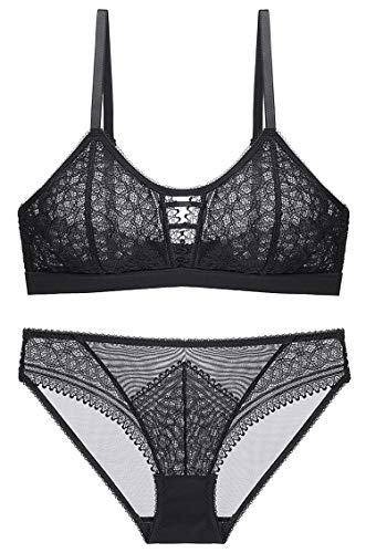 SHEKINI Mujer Conjunto de Ropa Interior Sexy Diseño Hueco Encaje Transparente Bralette Sujetador sin Aro y Bragas(Negro,XS)