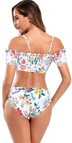 SHEKINI Mujer Ropa de Baño Dividida Sexy Hombro de una Palabra Traje de Baño para Mujer Bañador Estampado Brasileño (M, Blanco)