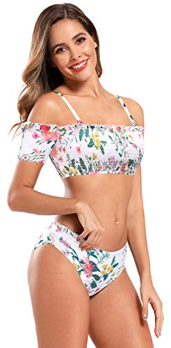 SHEKINI Mujer Ropa de Baño Dividida Sexy Hombro de una Palabra Traje de Baño para Mujer Bañador Estampado Brasileño (M, Blanco)