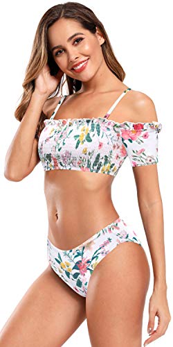 SHEKINI Mujer Ropa de Baño Dividida Sexy Hombro de una Palabra Traje de Baño para Mujer Bañador Estampado Brasileño (M, Blanco)
