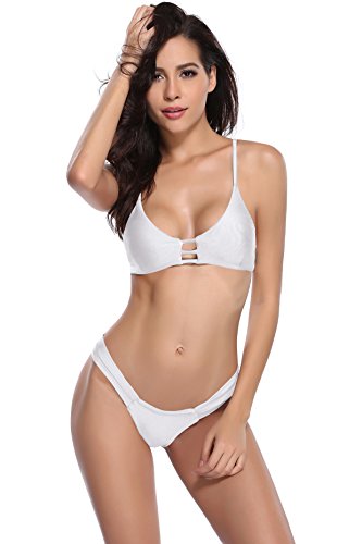 SHEKINI Mujer Tanga Triángulo Bikini Set Halter Bañador Malla Bandeau Relleno Traje de baño V Forma La Parte de Abajo (X-Large, Blanco)