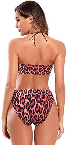 SHEKINI Mujer Traje de Baño con Bandeau Dividido Bikini Bañador Estampado de Cintura Alta (M, Leopardo Rojo)
