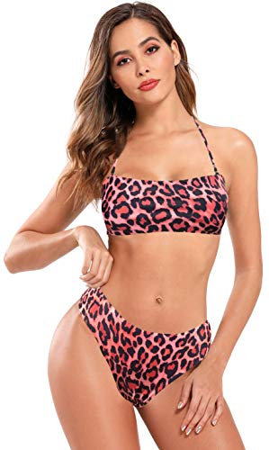 SHEKINI Mujer Traje de Baño con Bandeau Dividido Bikini Bañador Estampado de Cintura Alta (M, Leopardo Rojo)