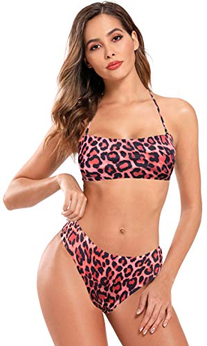 SHEKINI Mujer Traje de Baño con Bandeau Dividido Bikini Bañador Estampado de Cintura Alta (M, Leopardo Rojo)