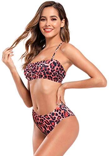 SHEKINI Mujer Traje de Baño con Bandeau Dividido Bikini Bañador Estampado de Cintura Alta (M, Leopardo Rojo)
