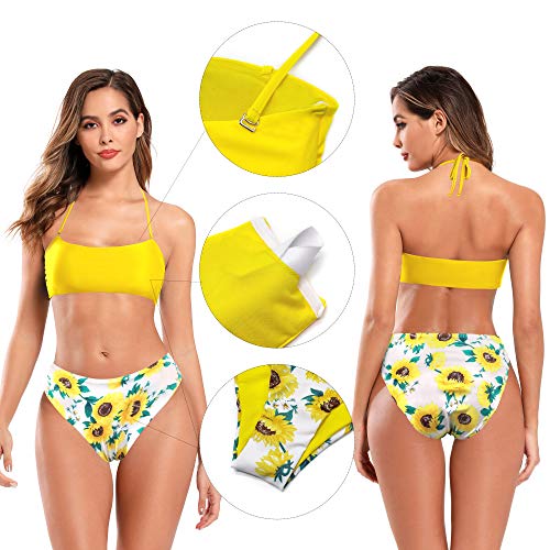 SHEKINI Mujer Traje de Baño con Bandeau Dividido Bikini Bañador Estampado de Cintura Alta (XL, Amarillo Limón)