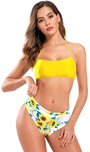 SHEKINI Mujer Traje de Baño con Bandeau Dividido Bikini Bañador Estampado de Cintura Alta (XL, Amarillo Limón)
