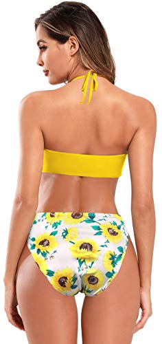 SHEKINI Mujer Traje de Baño con Bandeau Dividido Bikini Bañador Estampado de Cintura Alta (XL, Amarillo Limón)