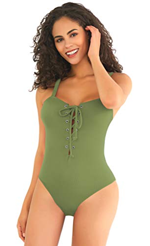 SHEKINI Mujer Traje de Baño de Una Pieza Traje de Baño de Una Pieza de Color Sólido Vendaje (S, Verde)