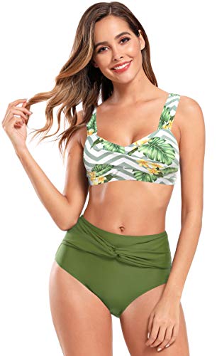 SHEKINI Mujer Traje de Baño Dividido Chaleco Bikinis Conjuntos Bañador con Tirantes Anchos Bañador de Cintura Alta (S, Verde Hierba)