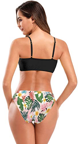 SHEKINI Mujer Traje de Baño Dividido para Mujer Bikinis Conjuntos Chaleco Cinturón Cruzado Traje de Baño Bañador Estampado (L, Negro)