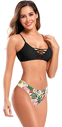 SHEKINI Mujer Traje de Baño Dividido para Mujer Bikinis Conjuntos Chaleco Cinturón Cruzado Traje de Baño Bañador Estampado (L, Negro)