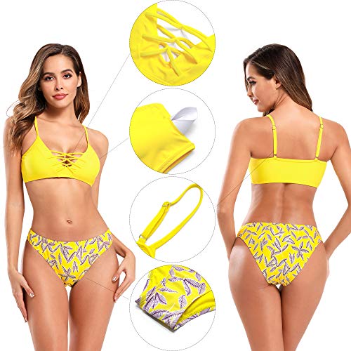 SHEKINI Mujer Traje de Baño Dividido para Mujer Bikinis Conjuntos Chaleco Cinturón Cruzado Traje de Baño Bañador Estampado (M, Amarillo Limón)