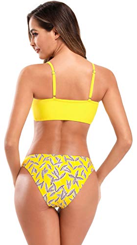 SHEKINI Mujer Traje de Baño Dividido para Mujer Bikinis Conjuntos Chaleco Cinturón Cruzado Traje de Baño Bañador Estampado (M, Amarillo Limón)