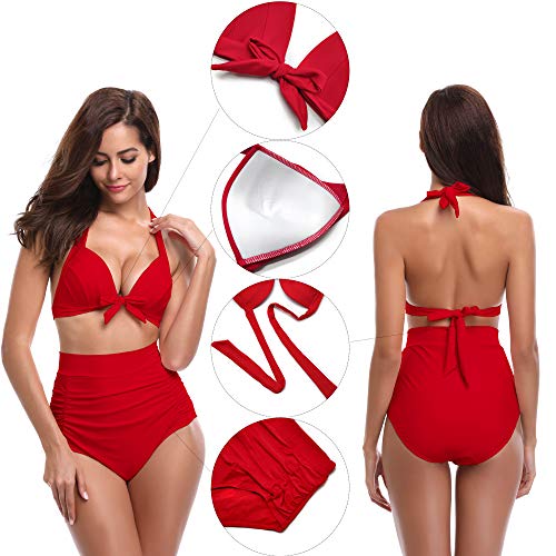 SHEKINI Mujer Triángulo Push up Bikini Set Cintura Alta Braguitas Arruga Trajes de Baña Bañador De Dos Piezas Conjuntos (Large, Rojo)