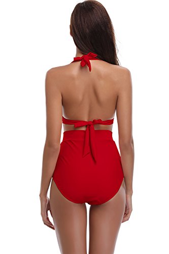 SHEKINI Mujer Triángulo Push up Bikini Set Cintura Alta Braguitas Arruga Trajes de Baña Bañador De Dos Piezas Conjuntos (Large, Rojo)