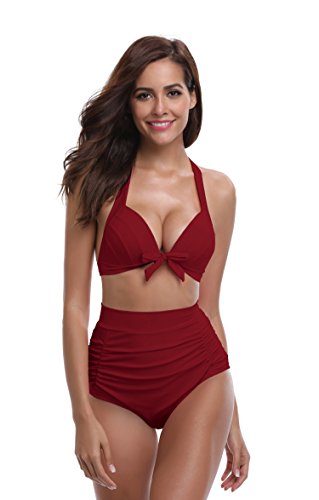 SHEKINI Mujer Triángulo Push up Bikini Set Cintura Alta Braguitas Arruga Trajes de Baña Bañador De Dos Piezas Conjuntos (M, Vino)