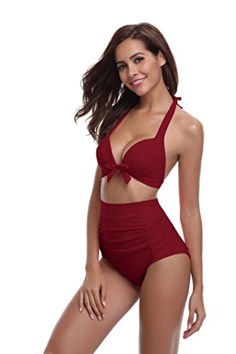SHEKINI Mujer Triángulo Push up Bikini Set Cintura Alta Braguitas Arruga Trajes de Baña Bañador De Dos Piezas Conjuntos (M, Vino)