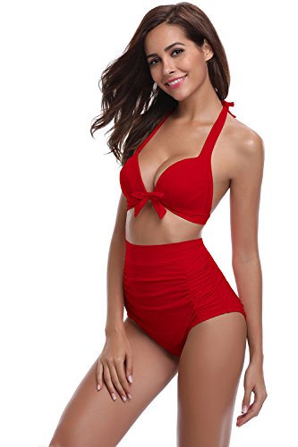SHEKINI Mujer Triángulo Push up Bikini Set Cintura Alta Braguitas Arruga Trajes de Baña Bañador De Dos Piezas Conjuntos (S, Rojo)