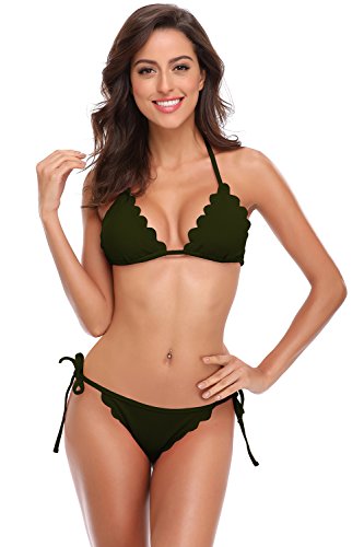 SHEKINI Mujer Triángulo Relleno Bikini Set Lazada Traje de baño Halterneck Bañador Encaje de Dos Piezas Conjunto (Medium, Verde)